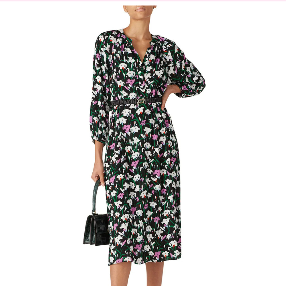 Veronica Beard Black White Floral Midi Dress Size 10 Work Shirt Designer $500